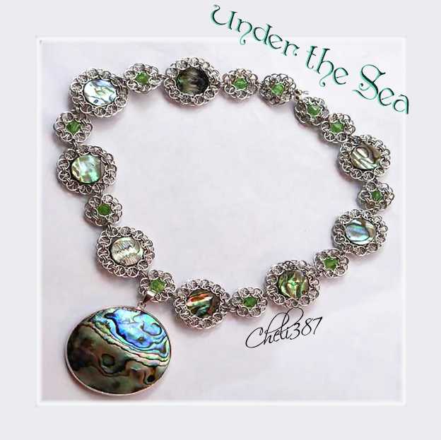 abalone and peridot chaninmaille necklace